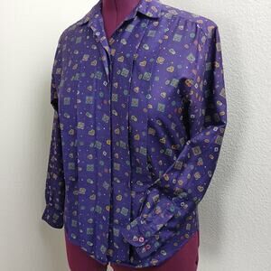 John Henry Hidden Button Pleated Front Purple Blouse 6 vintage 70s/ 80s office